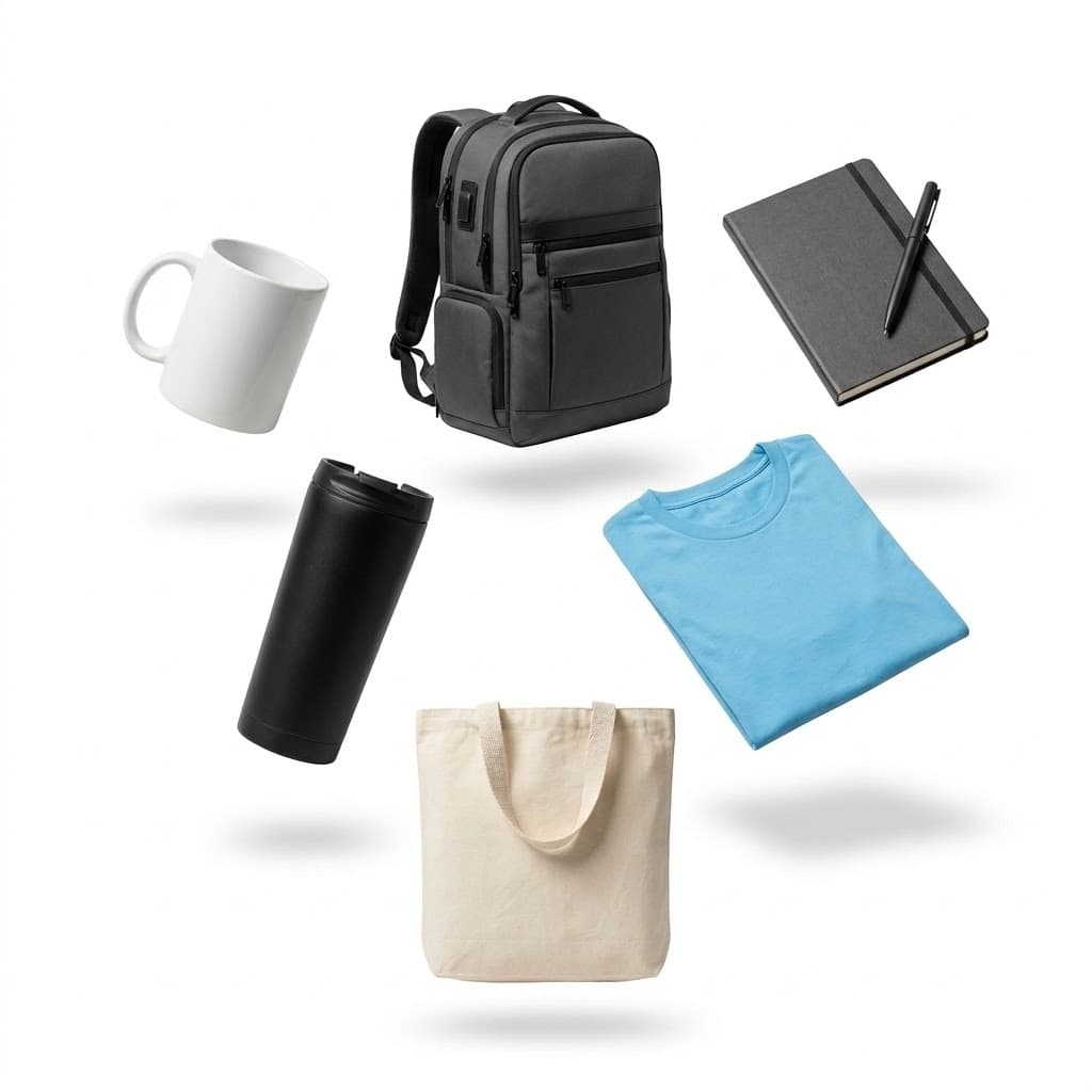 Productos de merchandising corporativo: mochila, remera, taza, botella termica, bolsa y cuaderno