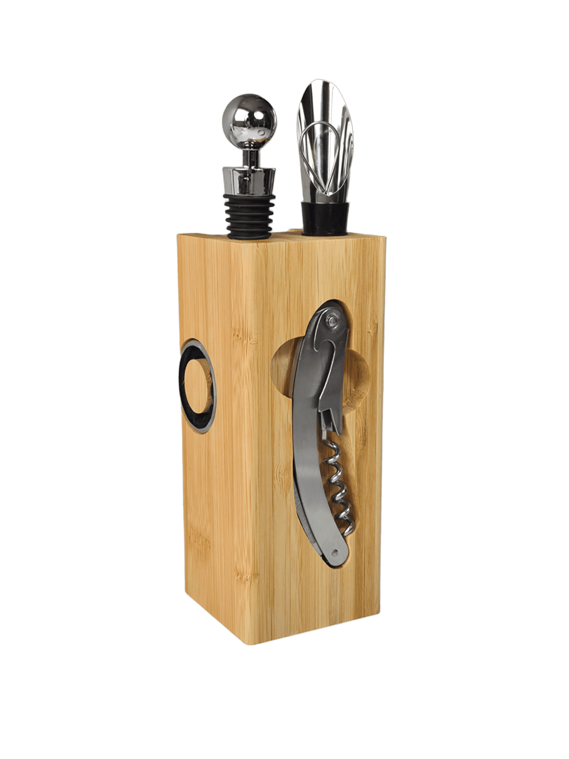 Set de vino de cuatro piezas caladas en bloque de madera